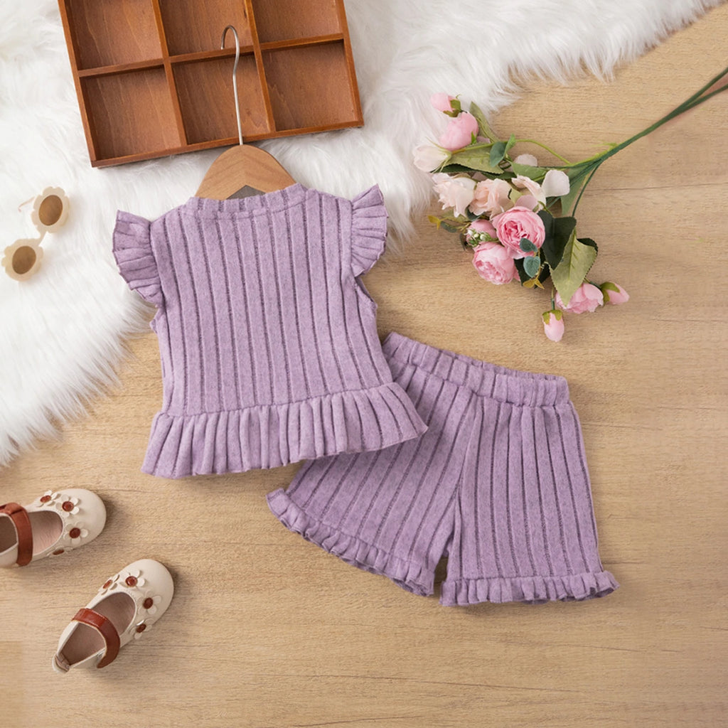 Girls Purple Self Stripes Top With & Shorts With Ruffle Details Co-ord Sets Sets