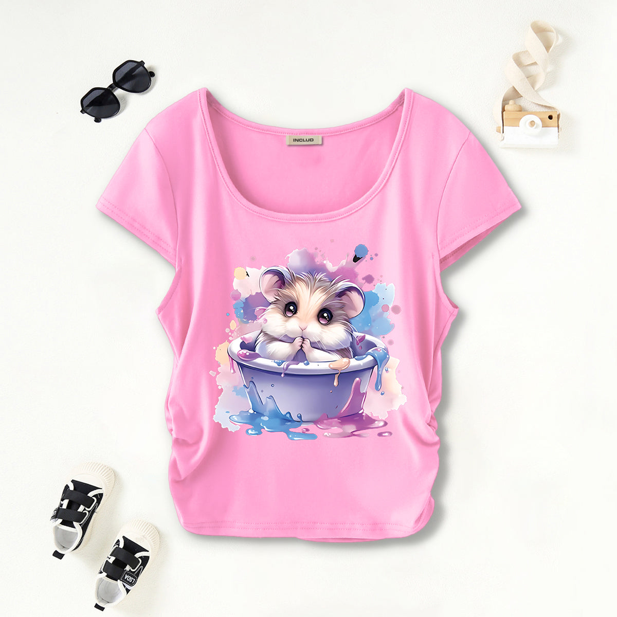 Girls Light Pink Hamster Graphic Short Sleeves Scoop Neck T-Shirt Tshirts Light Pink 7-8 Y