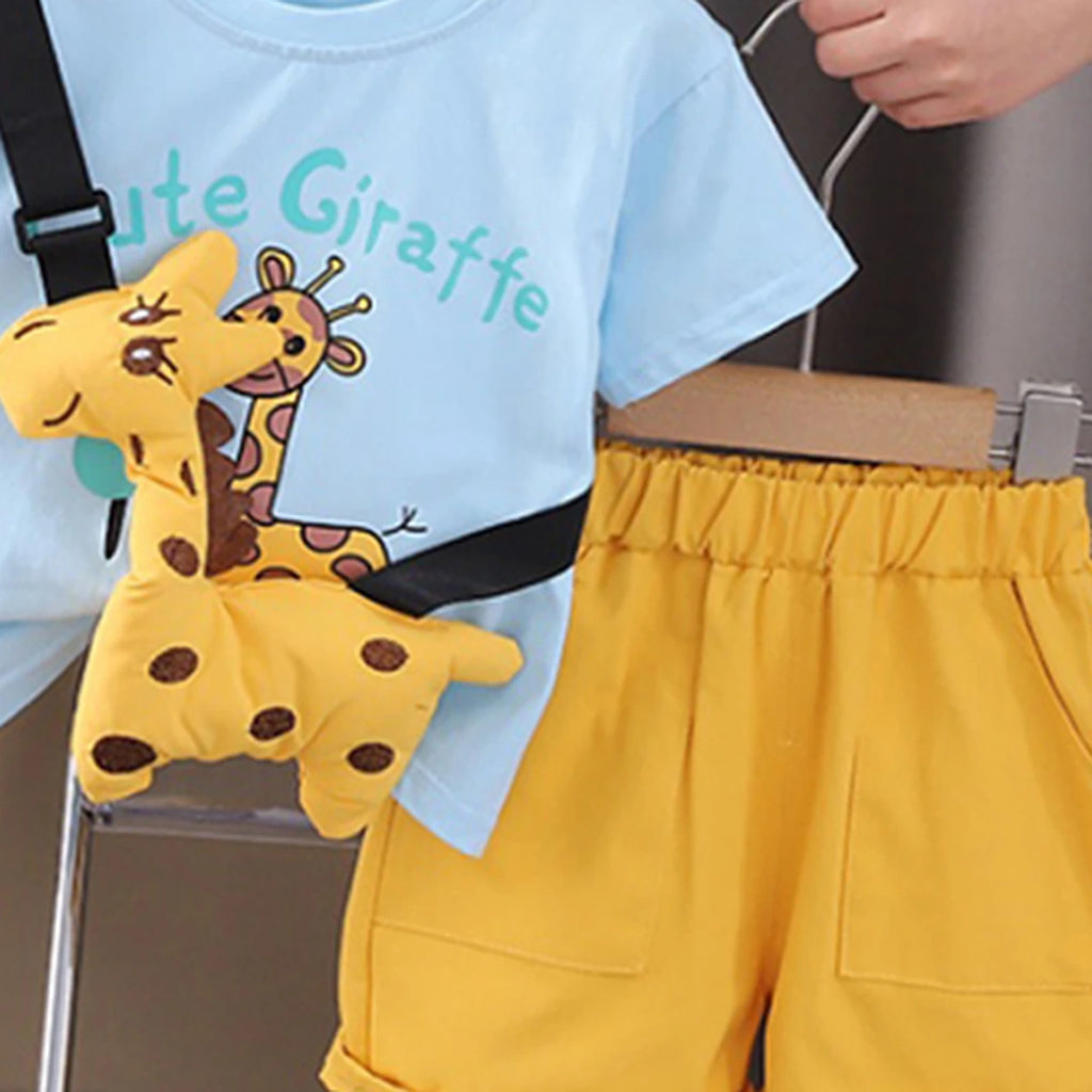 Boys Sky Blue Giraffe Printed Short Sleeve T-Shirt With Shorts Sets 2 pc. Sets