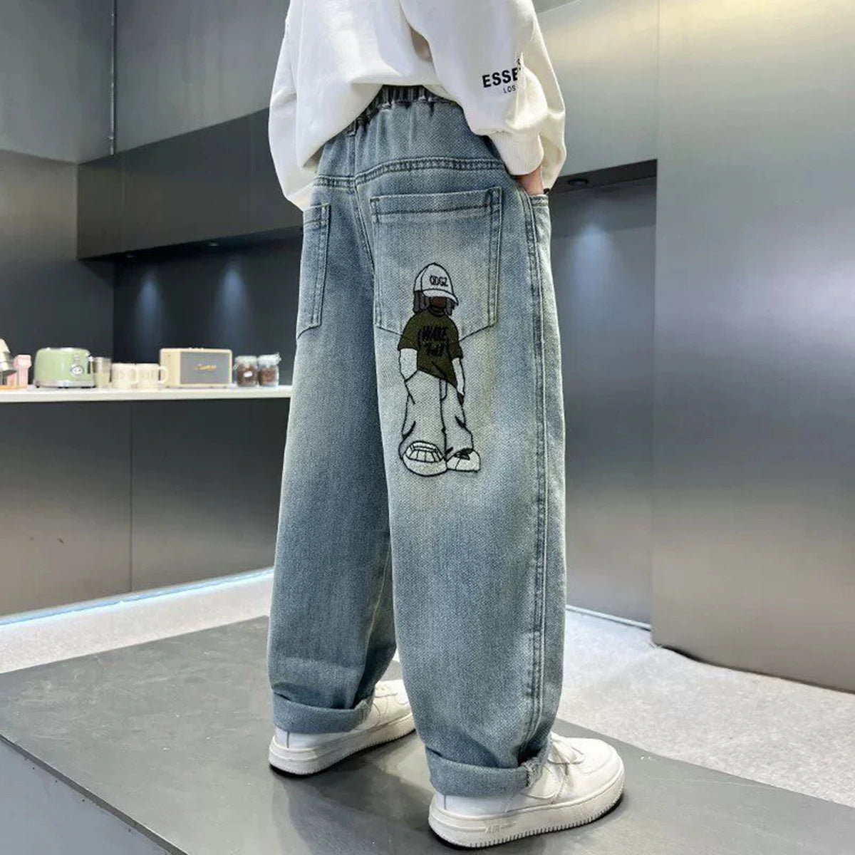 Boys Light Blue Graphic Print Baggy Fit Denim Jeans Pants