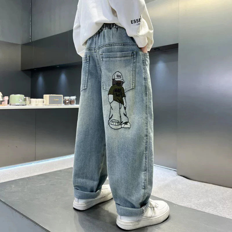 Boys Light Blue Graphic Print Baggy Fit Denim Jeans Pants