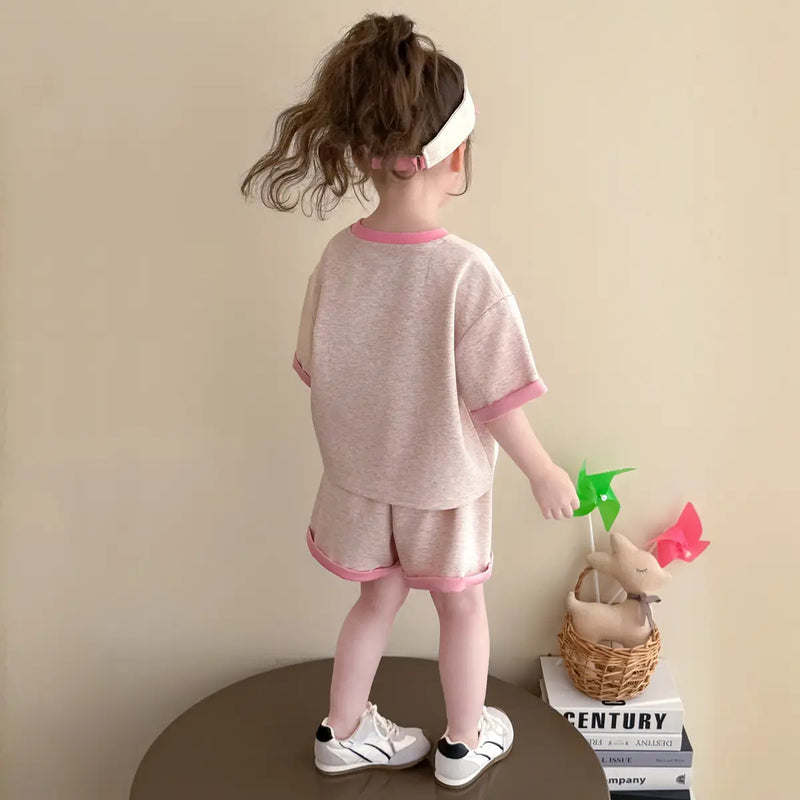 Girls Pink Bunny Graphic Drop-Shoulder T-Shirt With Shorts Sets Sets