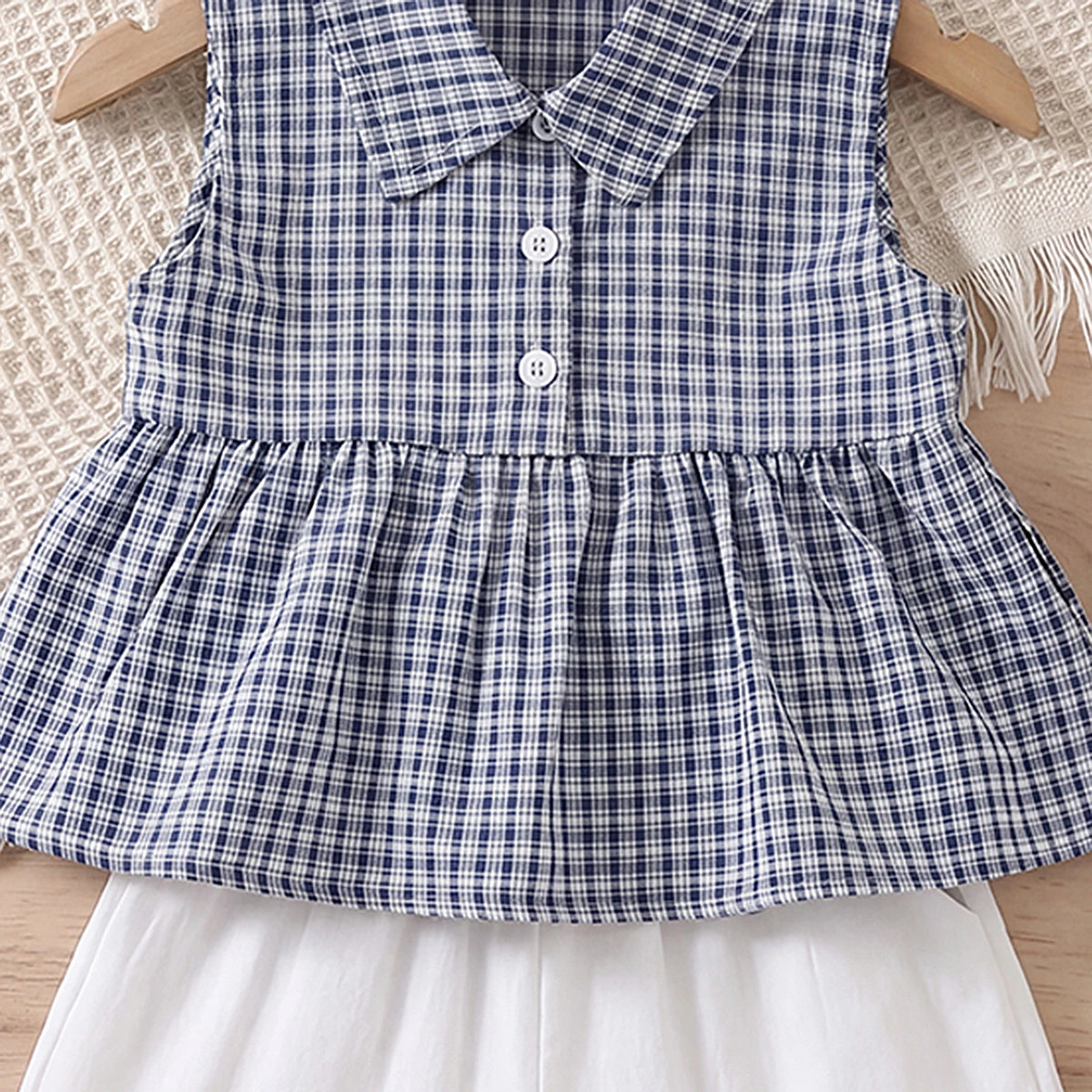 Girls Blue Checked Sleeveless Peplum Top With Ruffle Shorts Sets 2 pc. Sets