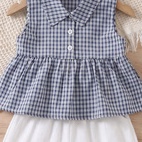 Girls Blue Checked Sleeveless Peplum Top With Ruffle Shorts Sets 2 pc. Sets