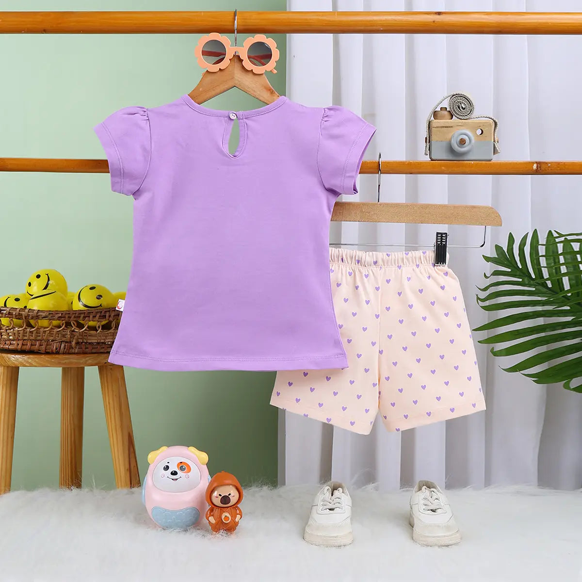 Girls Lilac Animal Graphic Short Sleeves Top With Polka Dot Elasticated Shorts Sets Sets