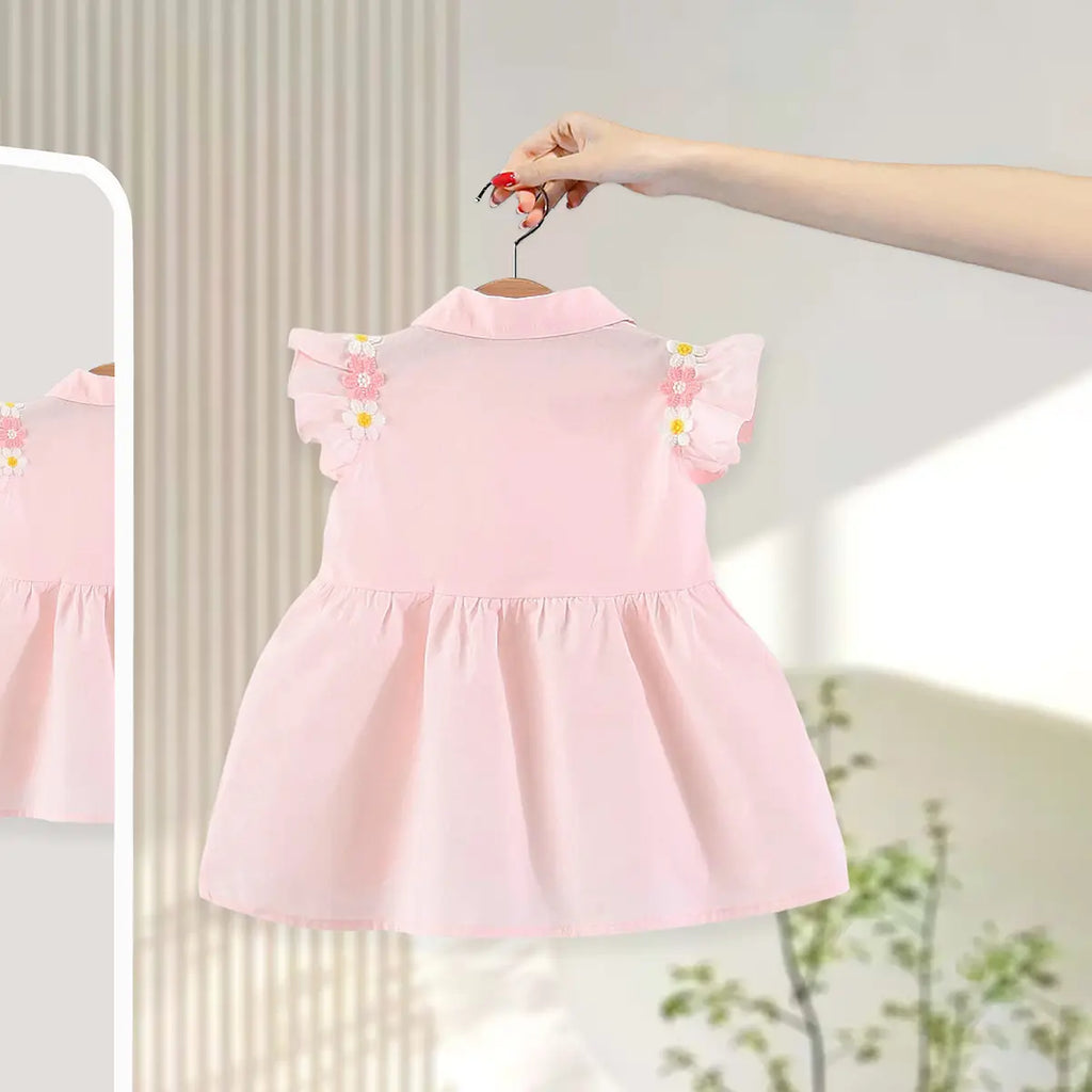 Girls Pink Fit Flare Dress With Bow & Floral Lace Details Casual Dresses