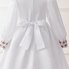 Girls White Embroidered Fit & Flare Dress With Long Sleeeves Casual Dresses