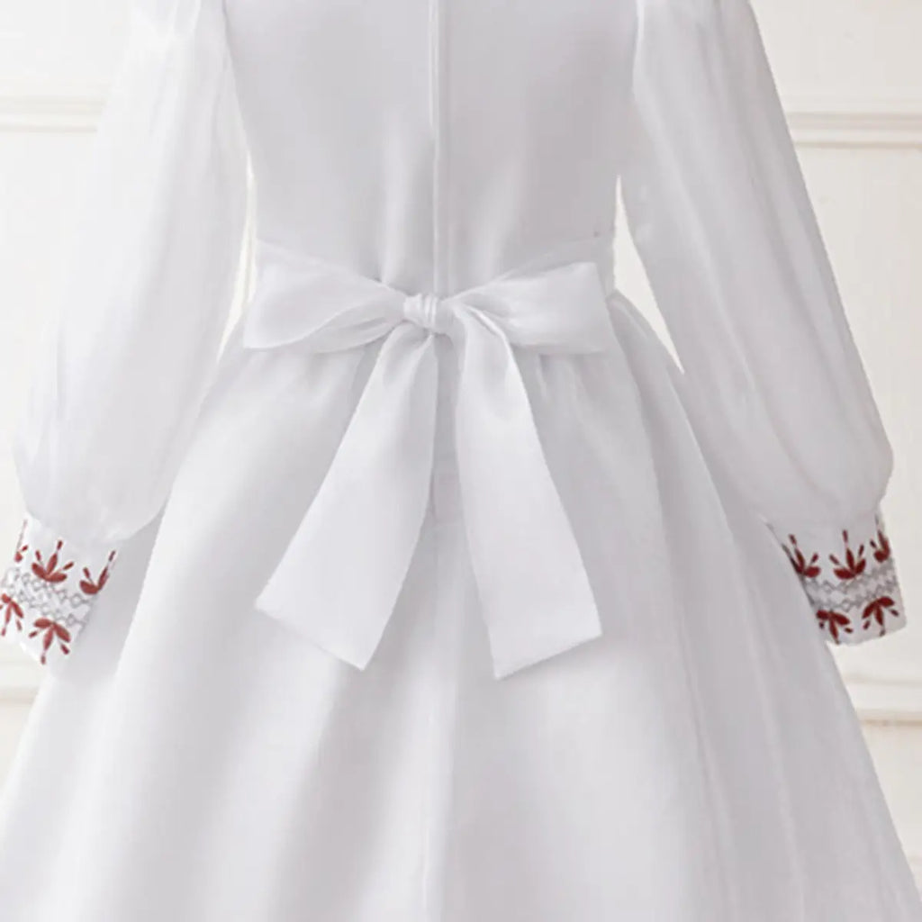 Girls White Embroidered Fit & Flare Dress With Long Sleeeves Casual Dresses
