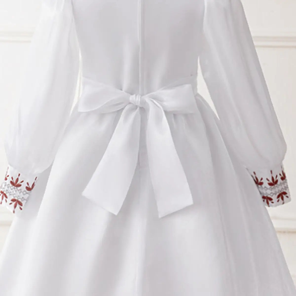 Girls White Embroidered Fit & Flare Dress With Long Sleeeves Casual Dresses