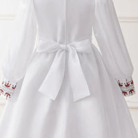 Girls White Embroidered Fit & Flare Dress With Long Sleeeves Casual Dresses