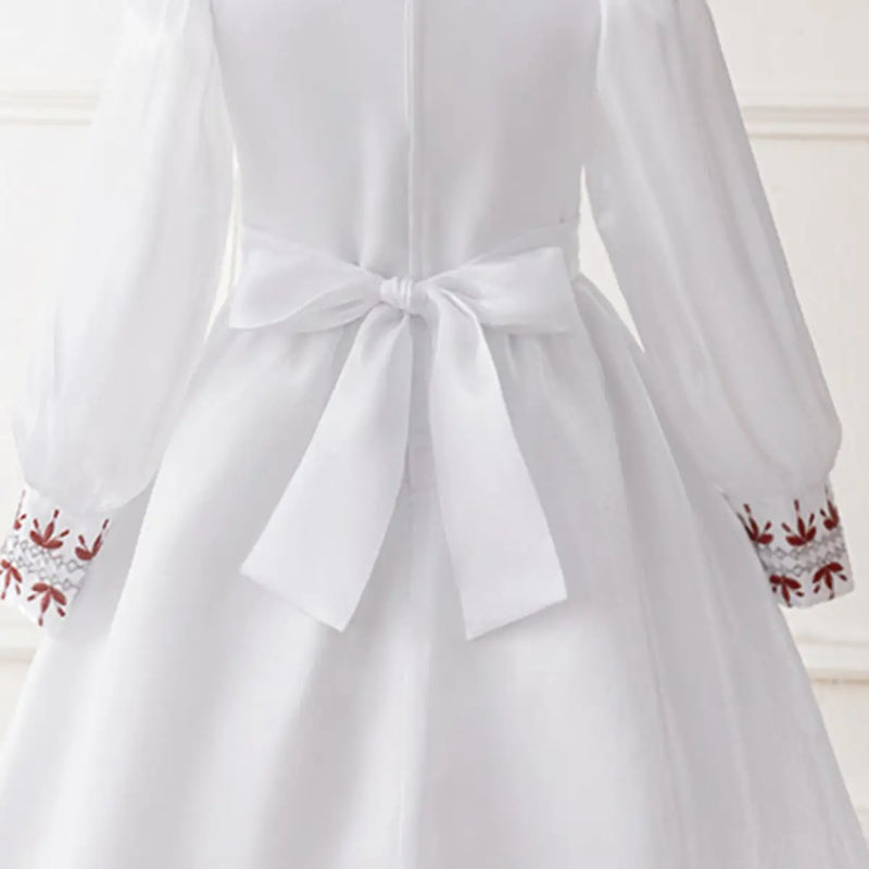 Girls White Embroidered Fit & Flare Dress With Long Sleeeves Casual Dresses