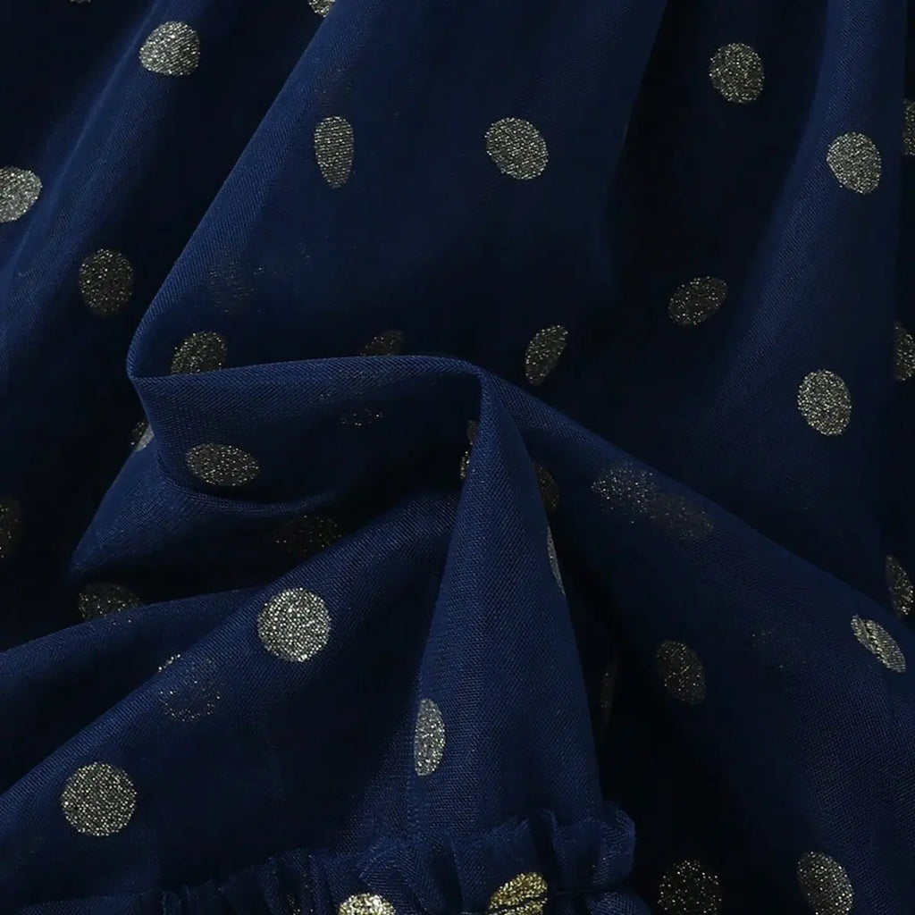 Girls Navy Blue Polka Dot Print A-line Dress With Ruffle Hem Casual Dresses