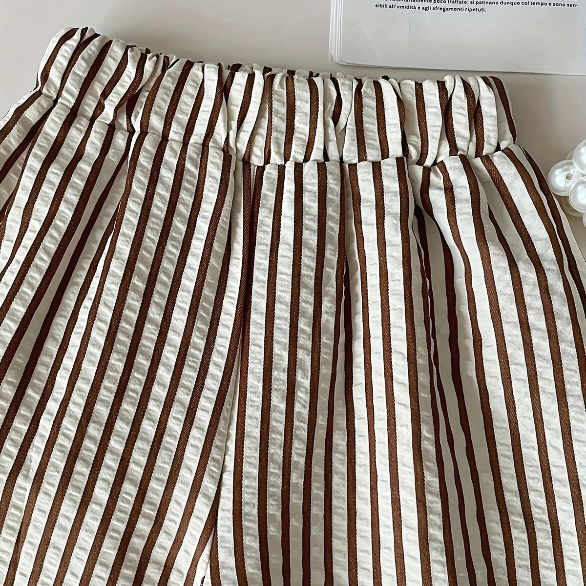 Girls Dark Brown Sleeveless A-Line Top With Stripe Pants & Sling Bag Sets Sets