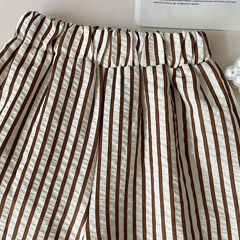 Girls Dark Brown Sleeveless A-Line Top With Stripe Pants & Sling Bag Sets Sets