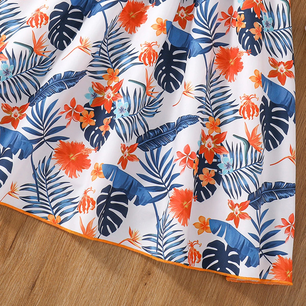 Girls Orange Floral Print Smocked Puff Sleeve Belted Fit & Flare Dress Casual Dresses