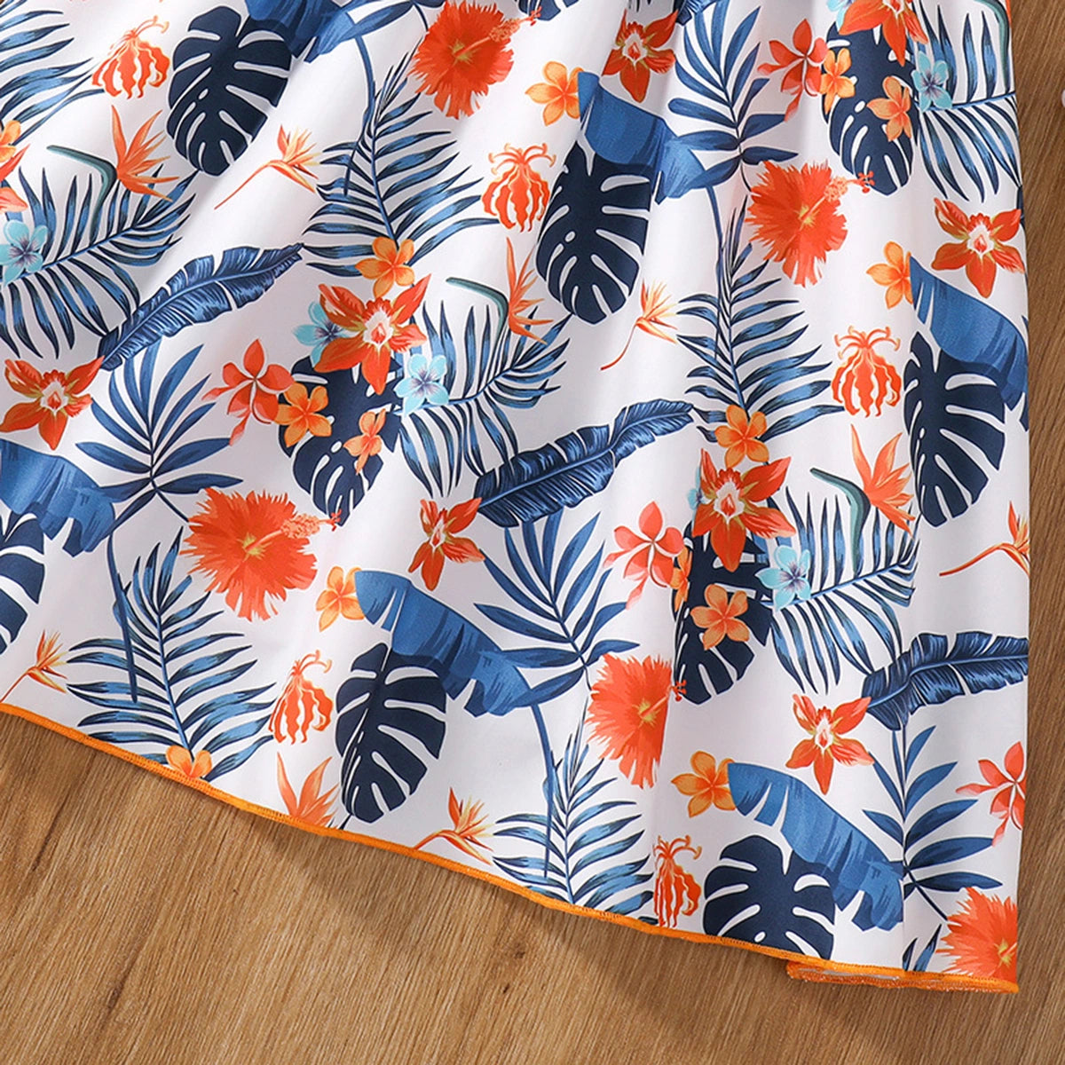 Girls Orange Floral Print Smocked Puff Sleeve Belted Fit & Flare Dress Casual Dresses