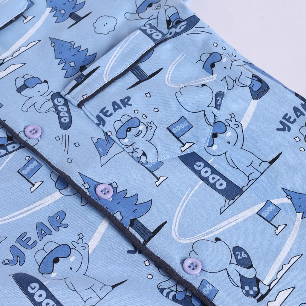 Girls Blue Printed Short Sleeve Shirt With Elasticated Pants Sets Sets
