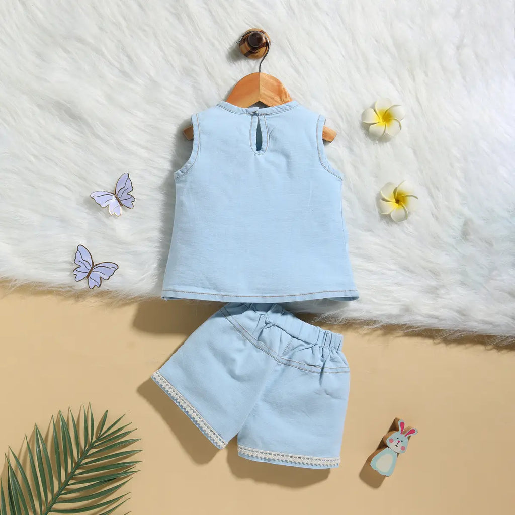 Girls Blue Embroidered Top With Elasticated Shorts Sets 2 pc. Sets