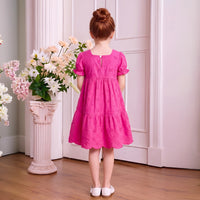 Girls Fuchsia Schiffli Embroidered Puff Sleeve Tiered Dress Casual Dresses