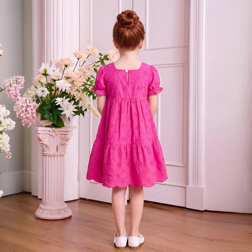 Girls Fuchsia Schiffli Embroidered Puff Sleeve Tiered Dress Casual Dresses