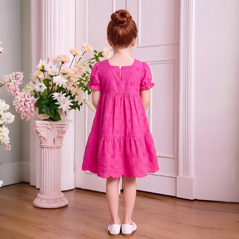 Girls Fuchsia Schiffli Embroidered Puff Sleeve Tiered Dress Casual Dresses