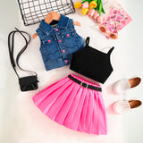 Girls Sleeveless Denim Jacket With Pink Pleated Skirt And Camisole Top Set