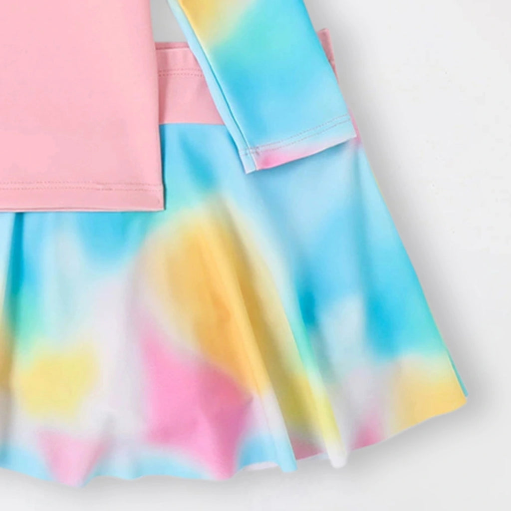 Girls Light Blue Typographic Printed T-Shirt With Skirt Swimwear Sets Sets