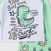 Boys Mint Green Alphanumeric Print T-Shirt With Shorts Swimwear Sets Beachwear