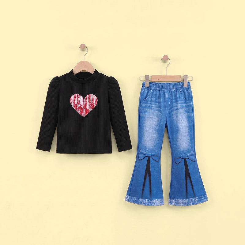 Girls Black Heart Print Puff Sleeve Top With Pants Sets 2 pc. Sets Black 3-4 Y