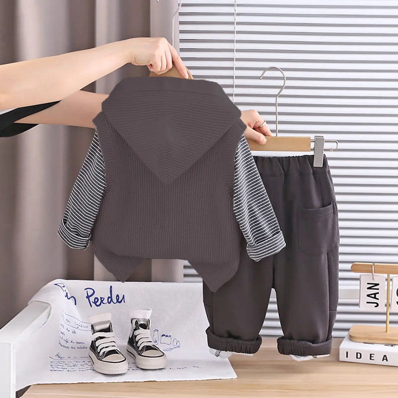 Boys Dark Grey Applique Hooded Sweater Vest With T-Shirt & Jogger Sets Sets