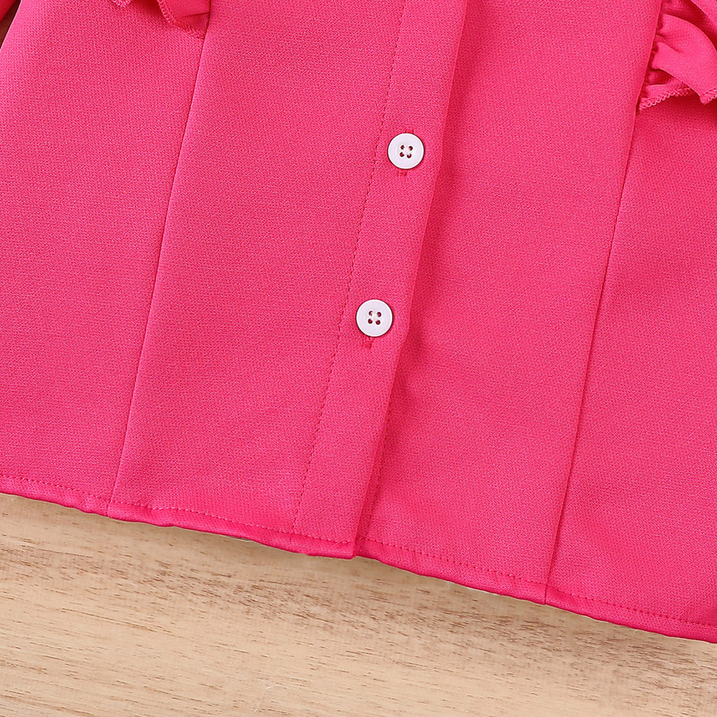 Girls Fuchsia Long Sleeves Ruffled Neck Top With Pants Set 2 pc. Sets