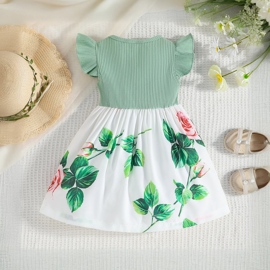 Girls Green Flared Sleeve Floral Printed Fit & Flare Dress Casual Dresses