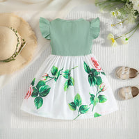 Girls Green Flared Sleeve Floral Printed Fit & Flare Dress Casual Dresses