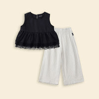 Girls Black Lace Peplum Top With Striped Pants Sets Sets