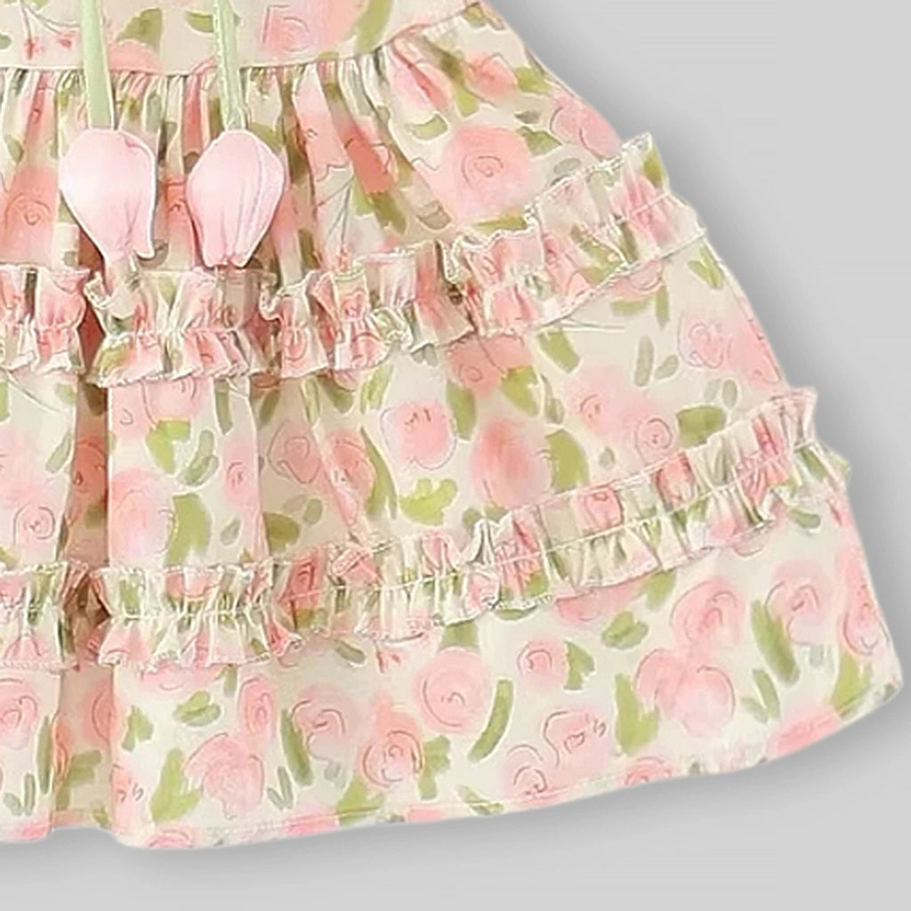 Girls Pink Floral Print Fit & Flare Dress With Puff Sleeves Casual Dresses