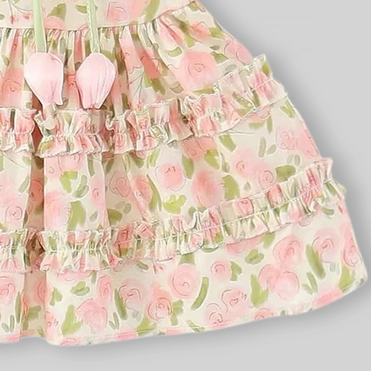 Girls Pink Floral Print Fit & Flare Dress With Puff Sleeves Casual Dresses