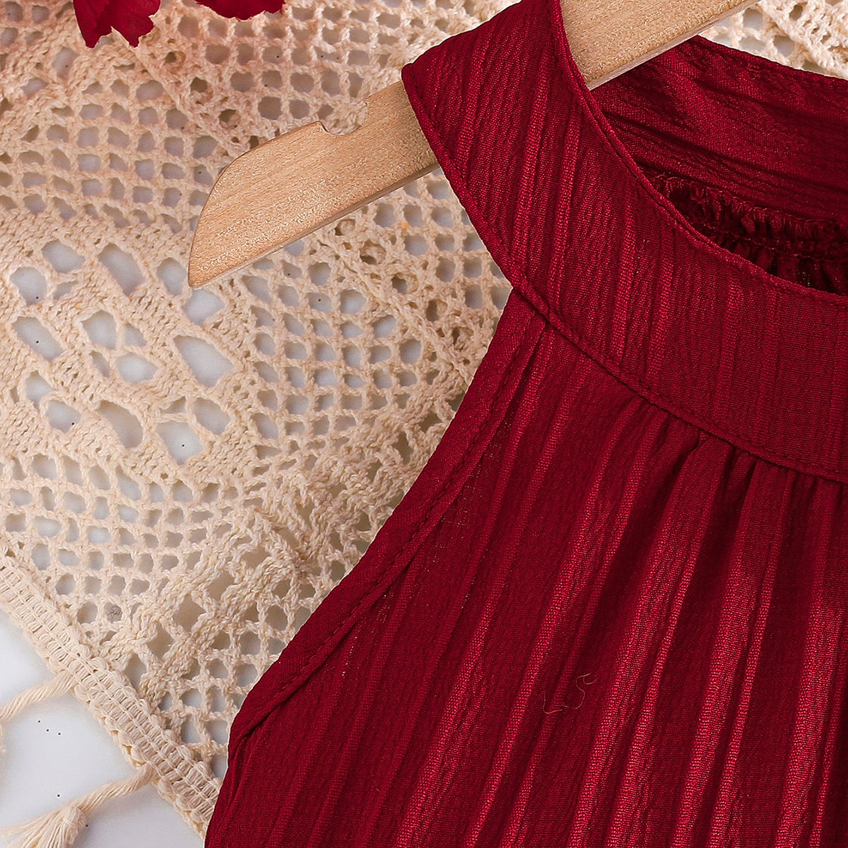 Girls Maroon Texture Panelled Halter Neck A-line Dress Casual Dresses