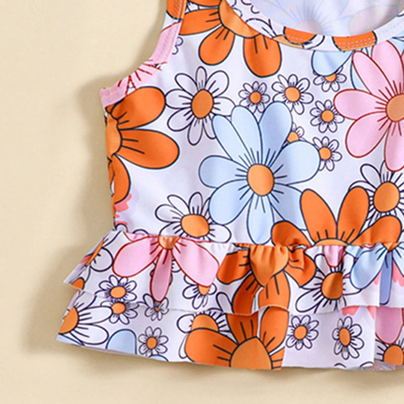 Girls Multicolor Floral Printed Peplum Top With Briefs Swimwear Sets Sets