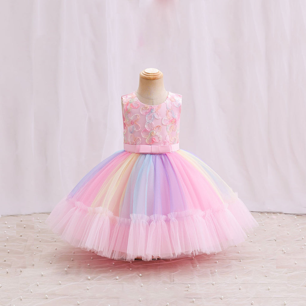 Girls Flower Applique Rainbow Print Party Dress
