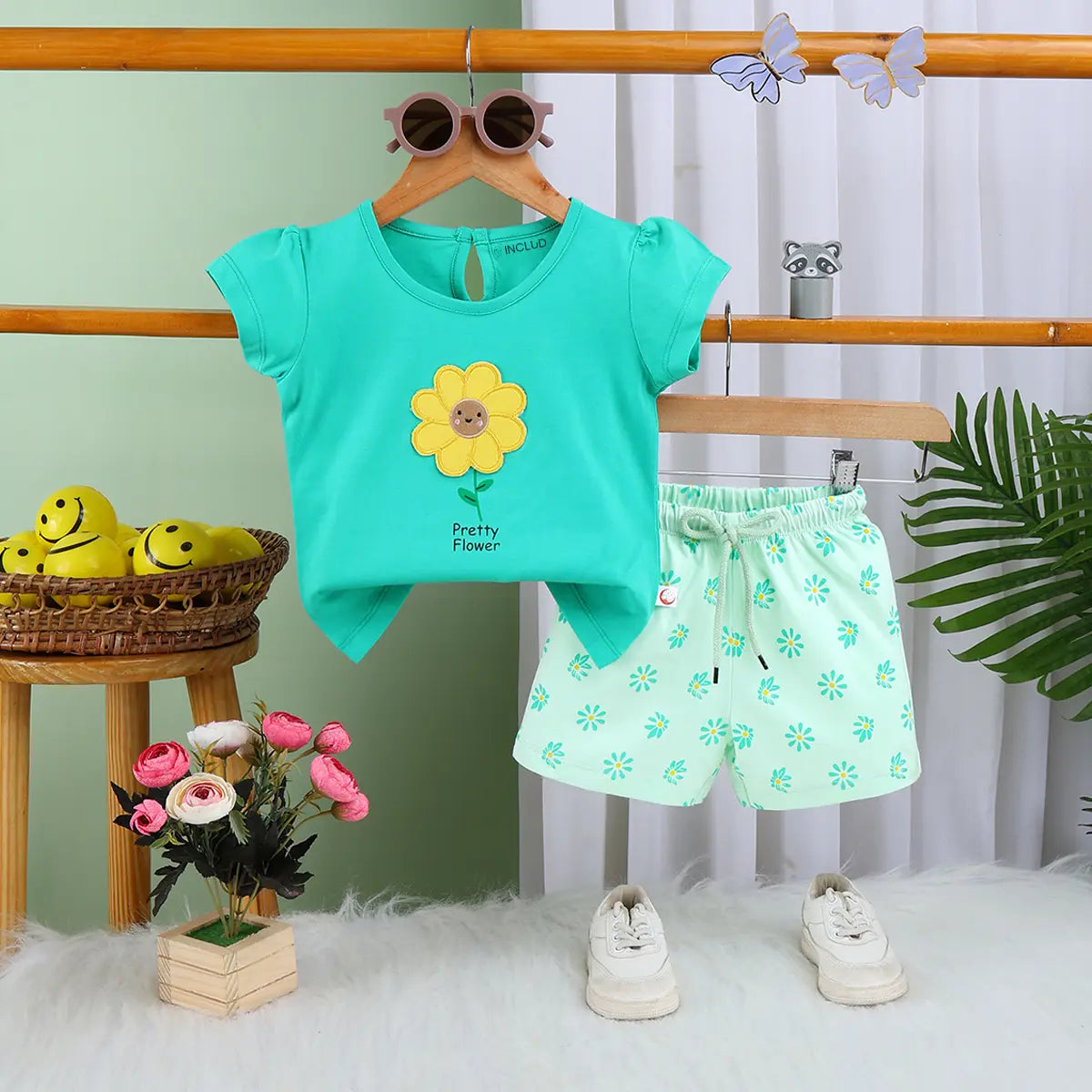 Girls Green Flower Graphic Short Sleeves Top With Printed Shorts Sets Sets Green 6-12 M