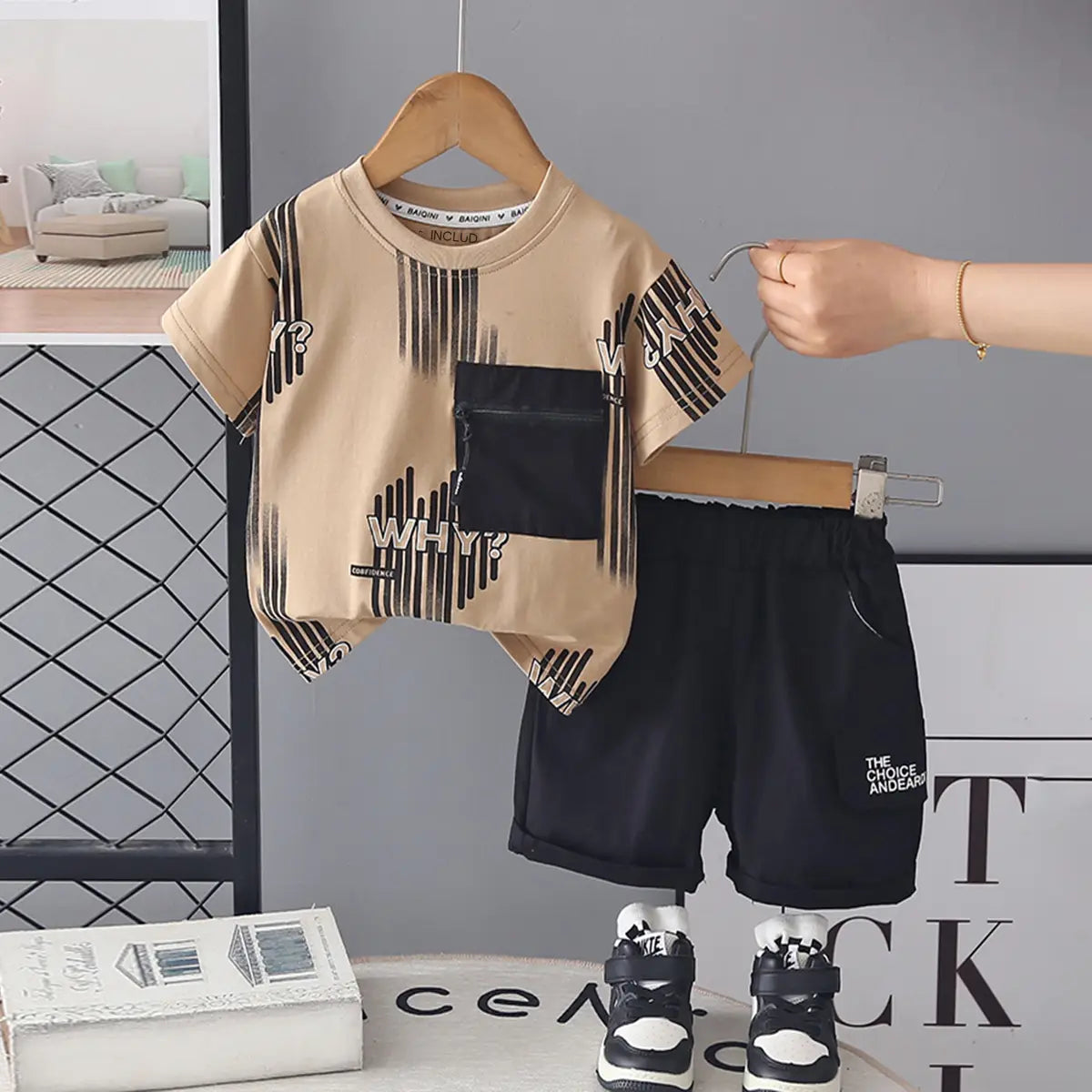 Boys Khaki Graphic Print T-Shirt With Shorts Sets Sets Khaki 1-2 Y