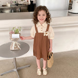 Girls Brown Applique Flower Applique Short Sleeve Pinafore Dress