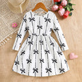 Girls White Bow Printed Long Sleeves Fit & Flare Dress Casual Dresses White 3-4 Y