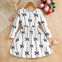 Girls White Bow Printed Long Sleeves Fit & Flare Dress Casual Dresses White 3-4 Y