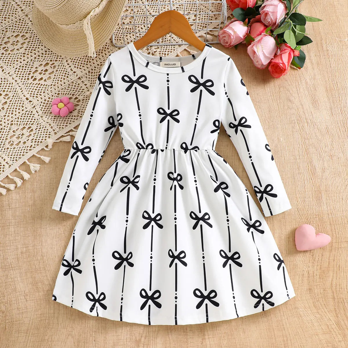 Girls White Bow Printed Long Sleeves Fit & Flare Dress Casual Dresses White 3-4 Y