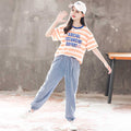 Girls Striped Alphabet Print T-Shirt With Denim Joggers Set 2 pc. Sets Orange 5-6 Y 