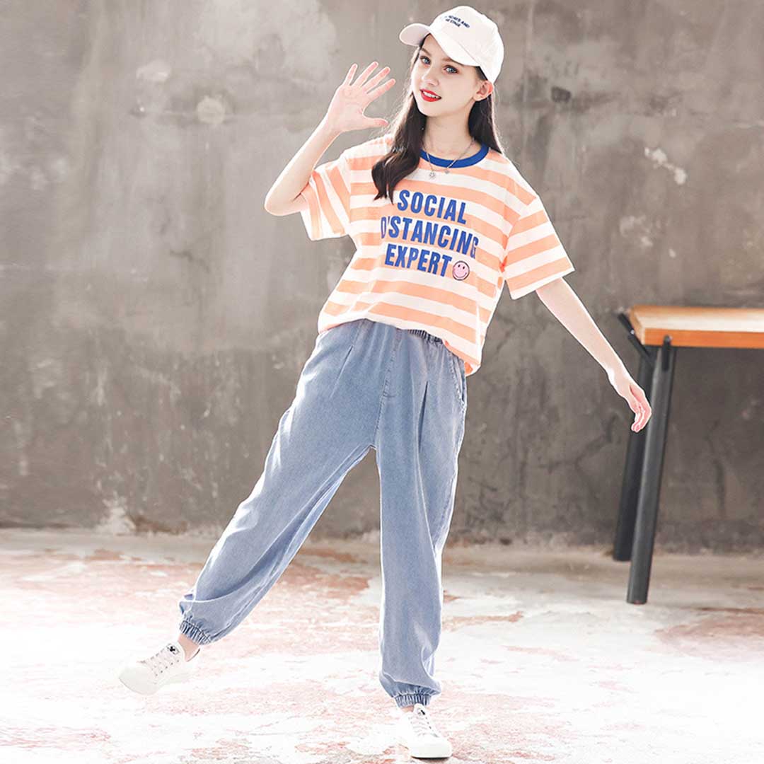 Girls Striped Alphabet Print T-Shirt With Denim Joggers Set 2 pc. Sets Orange 5-6 Y 