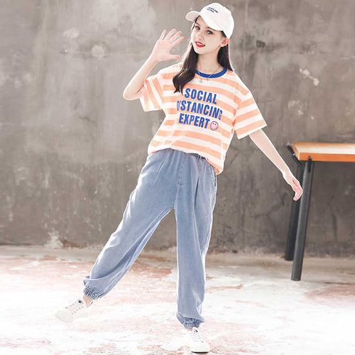 Girls Striped Alphabet Print T-Shirt With Denim Joggers Set 2 pc. Sets Orange 5-6 Y 