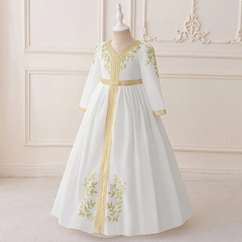 Girls White Embroidered Maxi Dress With Long Sleeves Casual Dresses