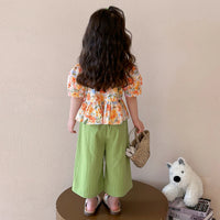 Girls Orange Floral Print Short Sleeves Peplum Top With Wide-Leg Pants Sets Sets